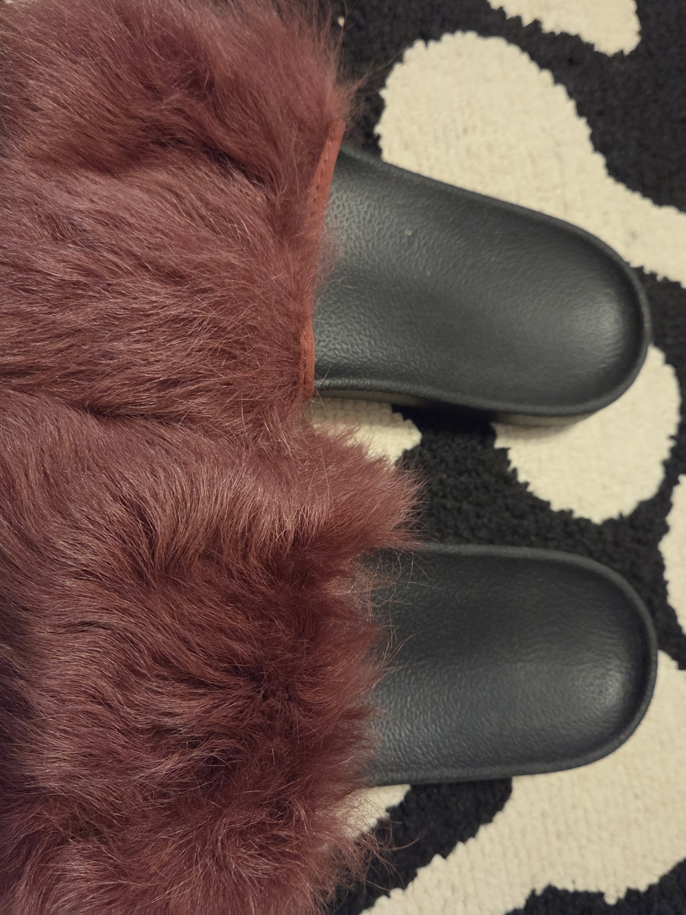 UGG Burgundy Faux Fur Slide Sandals with Black Footbed